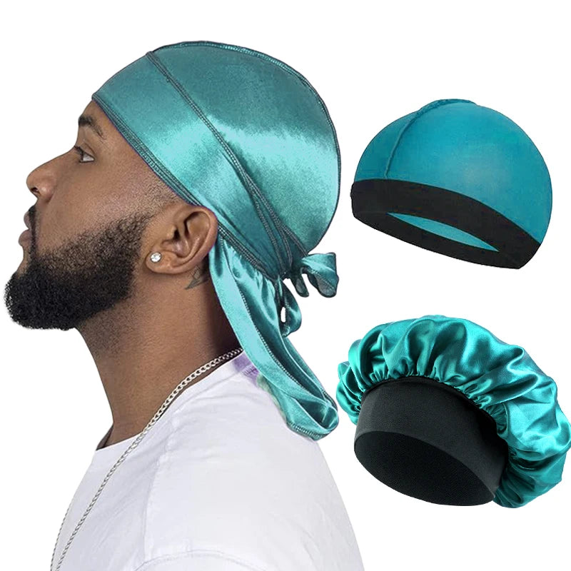 Silque Lunas 3Pcs Men Silky Durag Long Tail Pirate Hat Headband Turban Dome Wave Cap Unisex Wig Cap Elastic Band Satin Bonnet