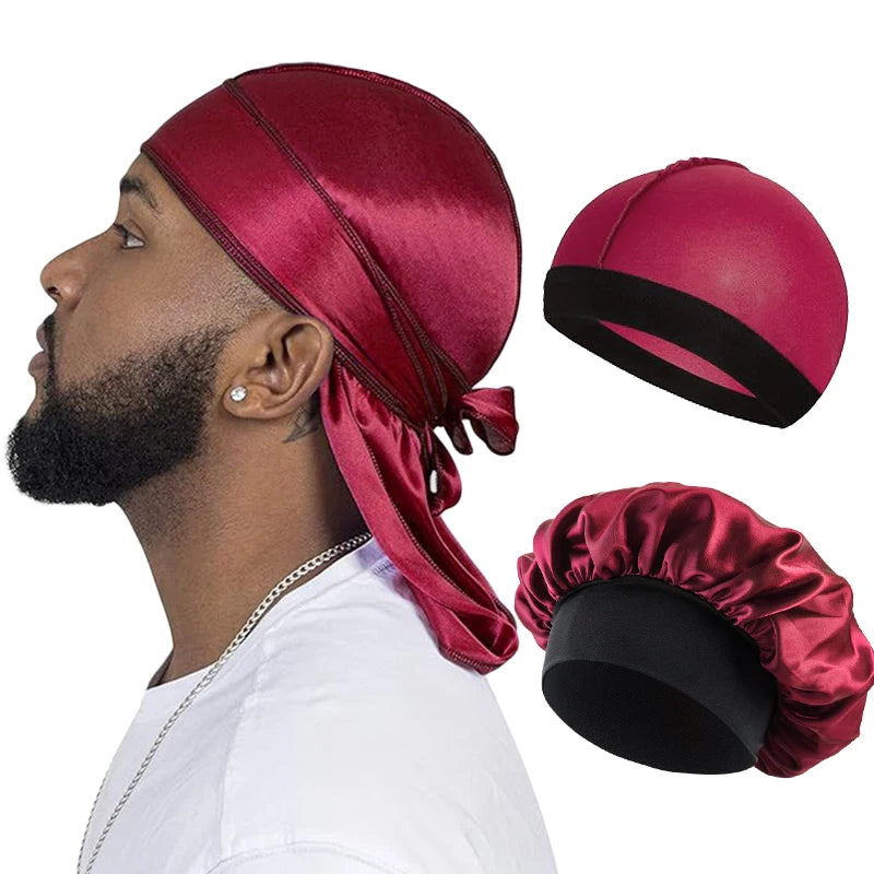 Silque Lunas 3Pcs Men Silky Durag Long Tail Pirate Hat Headband Turban Dome Wave Cap Unisex Wig Cap Elastic Band Satin Bonnet