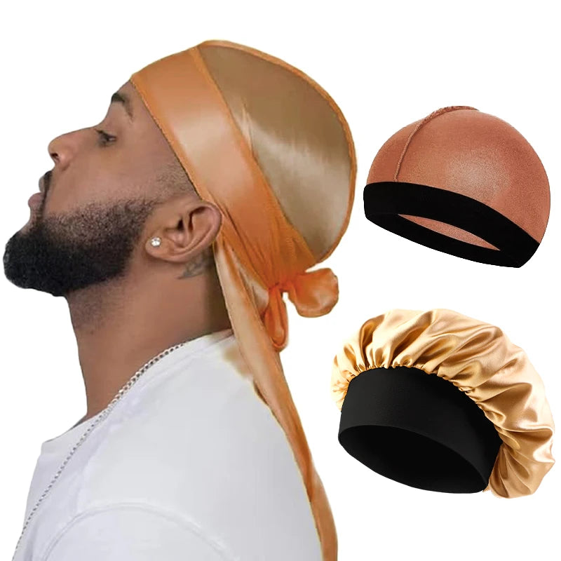 Silque Lunas 3Pcs Men Silky Durag Long Tail Pirate Hat Headband Turban Dome Wave Cap Unisex Wig Cap Elastic Band Satin Bonnet