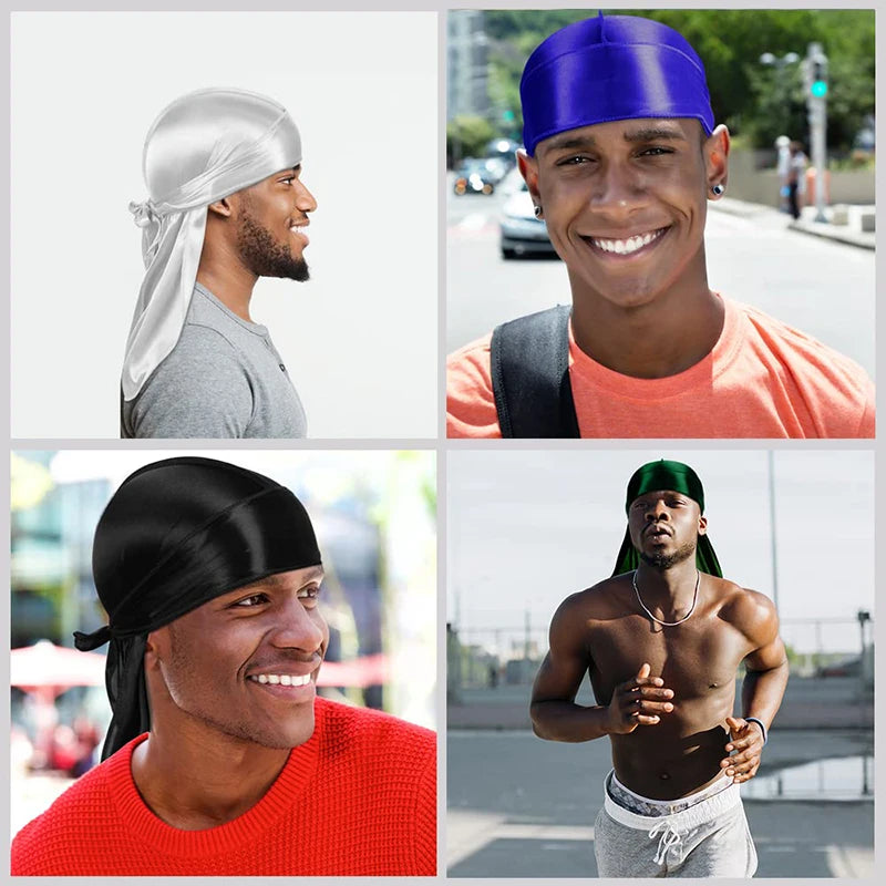 Silque Lunas 3Pcs Men Silky Durag Long Tail Pirate Hat Headband Turban Dome Wave Cap Unisex Wig Cap Elastic Band Satin Bonnet