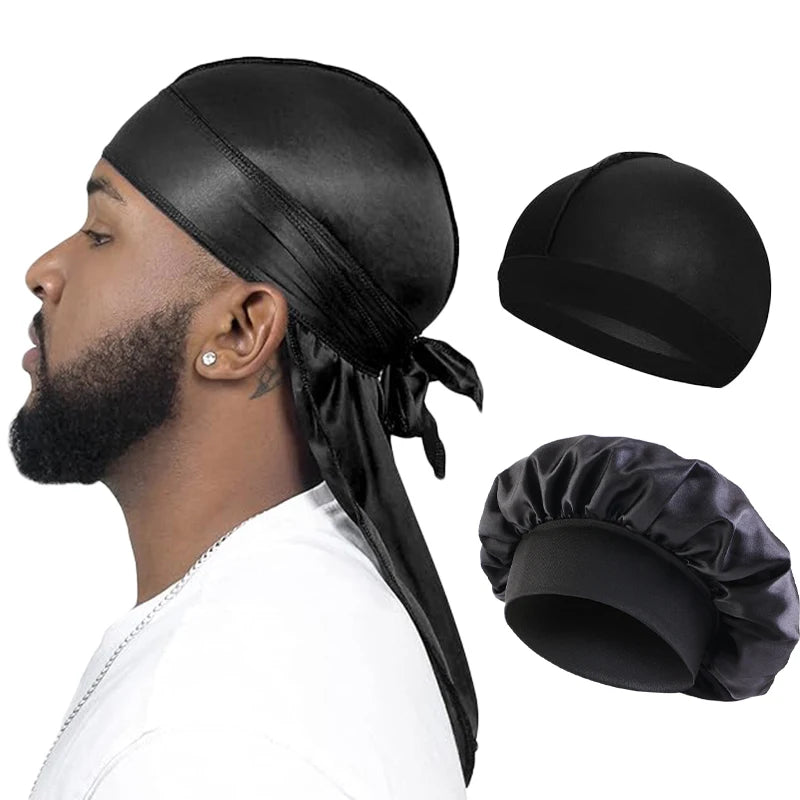 Silque Lunas 3Pcs Men Silky Durag Long Tail Pirate Hat Headband Turban Dome Wave Cap Unisex Wig Cap Elastic Band Satin Bonnet