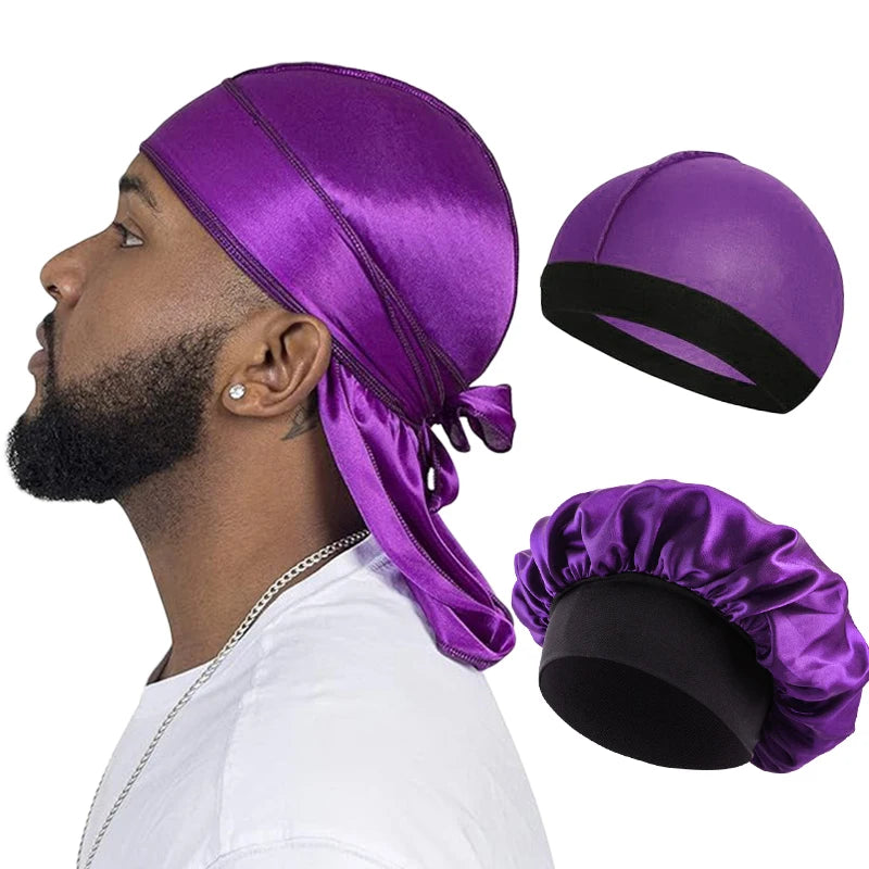 Silque Lunas 3Pcs Men Silky Durag Long Tail Pirate Hat Headband Turban Dome Wave Cap Unisex Wig Cap Elastic Band Satin Bonnet