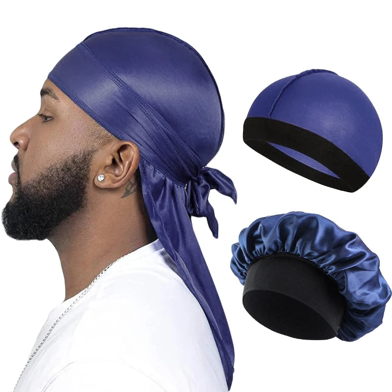 Silque Lunas 3Pcs Men Silky Durag Long Tail Pirate Hat Headband Turban Dome Wave Cap Unisex Wig Cap Elastic Band Satin Bonnet