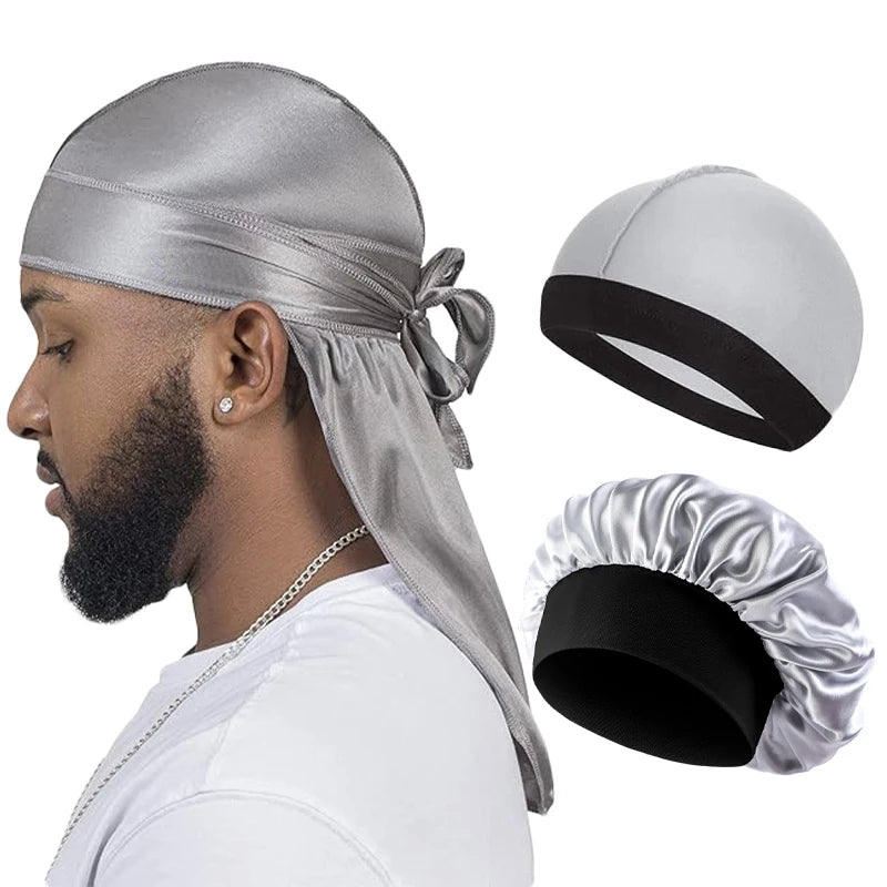 Silque Lunas 3Pcs Men Silky Durag Long Tail Pirate Hat Headband Turban Dome Wave Cap Unisex Wig Cap Elastic Band Satin Bonnet